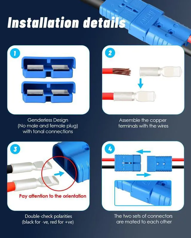 Alt view image 6 of 7 - Kit 350 Amp 4Pcs Connectors Plugs 350A Quick Connect Disconnect 600 V+ 4 Pcs 350 amp Handle Battery Power Connector+4 Pcs Cover Dust (350A Blue 4Pcs 2/0AWG)