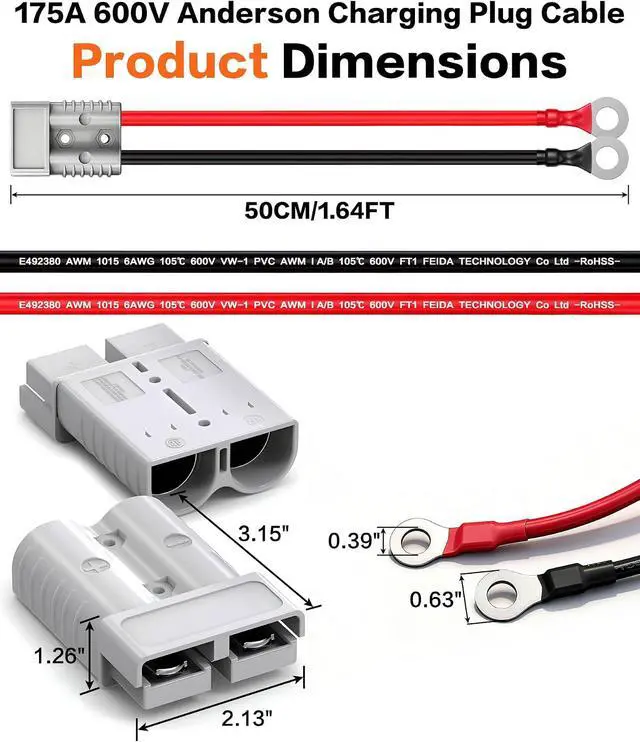 Alt view image 2 of 7 - 2PCS 175A Anderson Connector Plug with 100cm(39.37 inch) 6AWG O-Ring Cable Battery Quick Connector Forklift Plug Wire Trailer Power Storage Power Harness Power Forklift Charging Connector