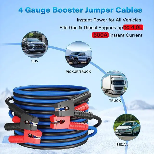 Alt view image 4 of 7 - 4 Gauge Jumper Cables 15 FT for Car Battery, 4 AWG Heavy Duty Long Automotive Booster Wire, 600 Amp Emergency Starting Cable for Cars SUV Truck Vans RV With Alligator Clamps, Carrying Strap