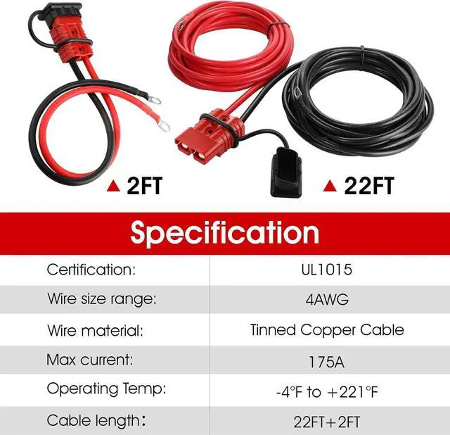 Alt view image 2 of 7 - Winch Quick Connect Power Cable 4AWG 24FT Heavy Duty Extension with Battery Quick Connector & Silver Terminal UL1015 Tinned Copper Wire for RV, Off-Road, Trailer, Solar, Battery Systems