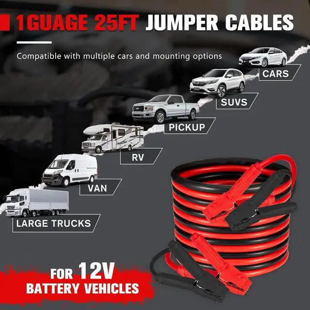 Alt view image 2 of 7 - 1 Gauge 25 FT Quick Connect Jumper Cables, 1000A Heavy Duty Booster Cables with Travel BagBattery Jumper Cable for Truck, Diesel Trucks, SUV and Car