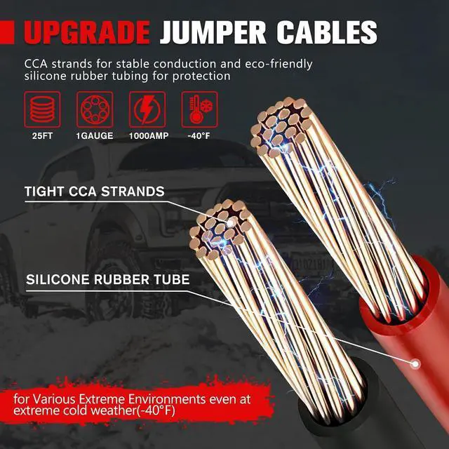 Alt view image 3 of 7 - 1 Gauge 25 FT Quick Connect Jumper Cables, 1000A Heavy Duty Booster Cables with Travel BagBattery Jumper Cable for Truck, Diesel Trucks, SUV and Car