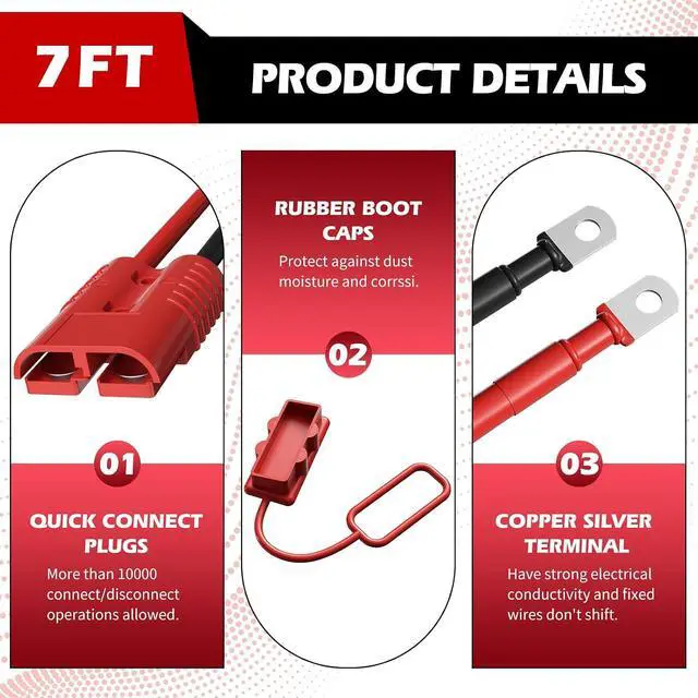 Alt view image 5 of 7 - 7 FT Quick Disconnect Winch Power Cable, 4 Gauge 4 AWG Copper Wiring, Quick Connect and Disconnect Cables Heavy Duty Battery Wiring Kit