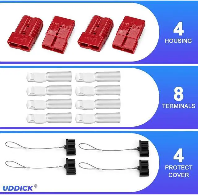 Alt view image 3 of 6 - 4PCS 350A 2/0 Gauge Battery Cable Quick Connect/Disconnect Connector Plug Kit with 4 Wire Harness Dust Cover(Red)