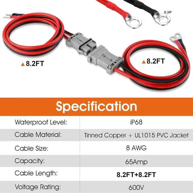 Alt view image 2 of 7 - Waterproof Battery Quick Connect Disconnect with 8.2FT 8 Awg Cable, 50 Amps 6-8 Gauge Ip68 Jumper Cable Plug Connector Kit for Recovery Winch, Towing Systems