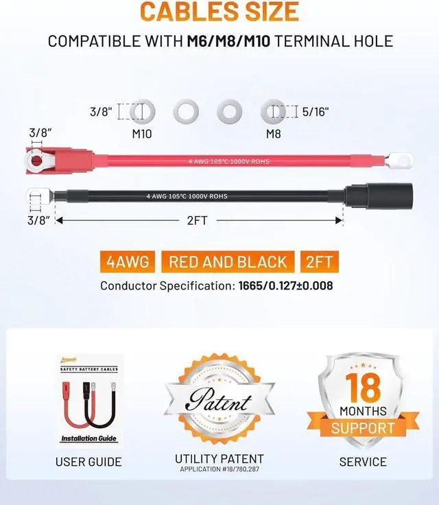 Alt view image 6 of 7 - 4 AWG Battery Cable 2FT, Anti-Spark Waterproof, UL Listed | Pure Copper, 3/8" Lugs, 150A Rated, for 2000W Inverter RV Truck Solar Marine Golf Cart