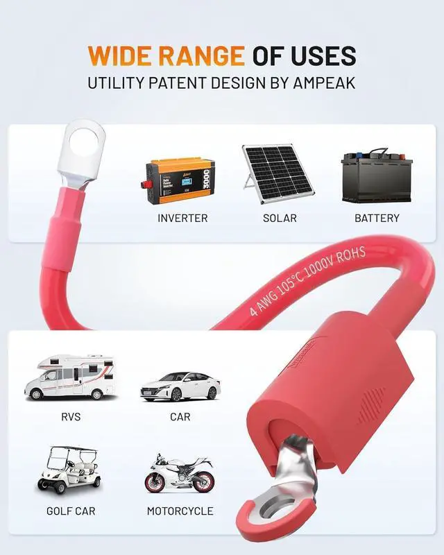 Alt view image 7 of 7 - 4 AWG Battery Cable 2FT, Anti-Spark Waterproof, UL Listed | Pure Copper, 3/8" Lugs, 150A Rated, for 2000W Inverter RV Truck Solar Marine Golf Cart