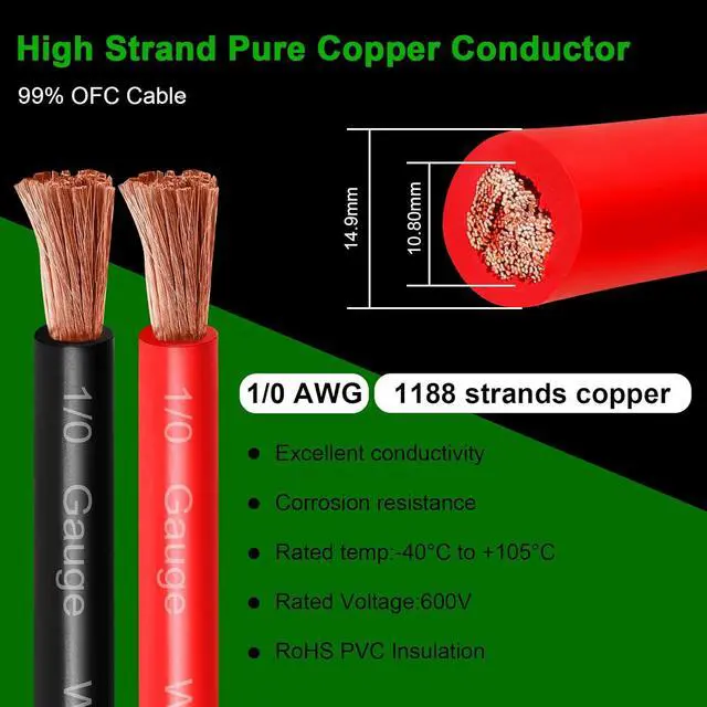 Alt view image 2 of 7 - 1/0 Gauge Battery Cable - 3FT Red + 3FT Black 1/0 AWG Welding Cable Flexible Stranded Oxygen-Free Pure Copper Wire for Automotive, Battery, Inverter, Solar, Marine and Generator