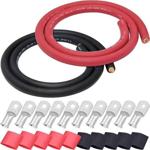 Main image of 4/0 Gauge Wire 5 Feet Black+5 Feet Red 4/0 AWG Flexible Welding Battery Copper Cable for Car Solar Marine Inverter RV, 5pcs 5/16""&5pcs 3/8""Copper Terminal Cable Lug+Heat Shrink Tubing