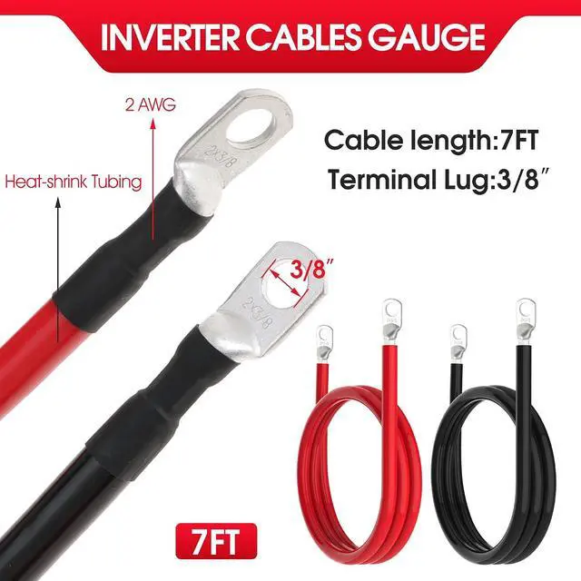 Alt view image 2 of 7 - 2 AWG Battery Cable 2AWG Gauge Battery Inverter Cables with 3/8 in Lugs Pure Copper Power Inverter Wire Set for Solar Marine Boat RV Car Motorcycle 2pcs (7FT)