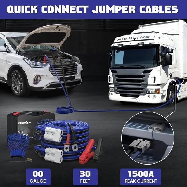 Alt view image 5 of 7 - 2/0 Gauge 30 FT Heavy Duty Jumper Cables, 1500Amp Quick Connect Booster Cables for 12V & 24V Cars, SUVs and Trucks, Kit with Carry Case, Gloves, Brushes