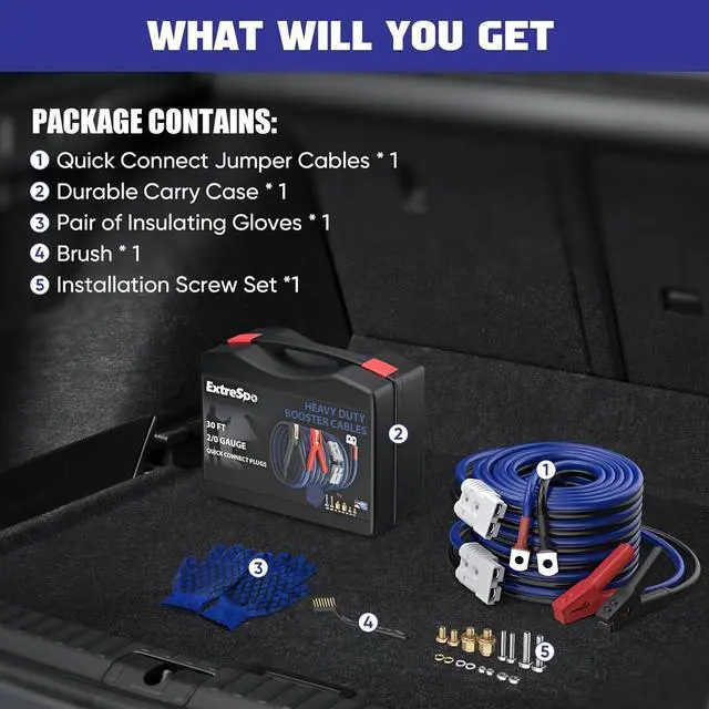 Alt view image 7 of 7 - 2/0 Gauge 30 FT Heavy Duty Jumper Cables, 1500Amp Quick Connect Booster Cables for 12V & 24V Cars, SUVs and Trucks, Kit with Carry Case, Gloves, Brushes