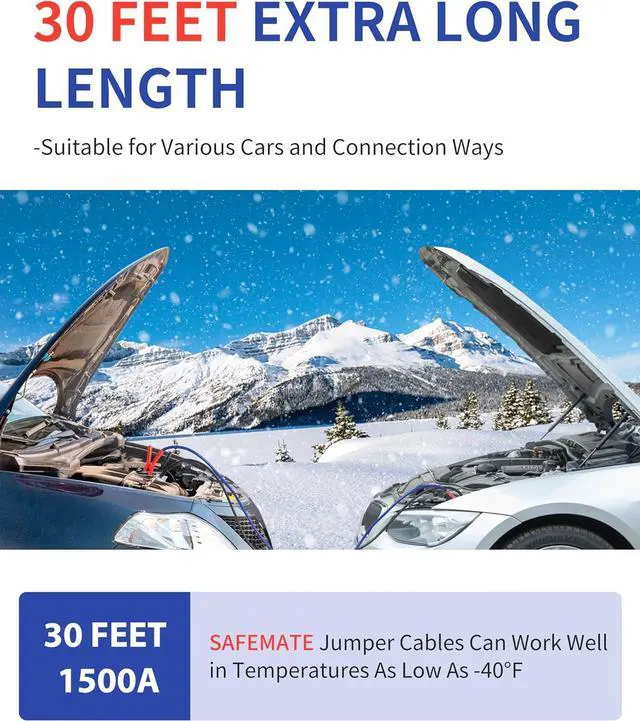 Alt view image 3 of 7 - 2/0 Gauge 30 FT Heavy Duty Jumper Cables - 1500Amp Booster Jumper Cable for Car, SUV and Trucks Battery - Quick Connect, Blue