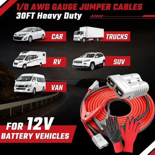 Alt view image 2 of 7 - Jumper Cables, 30 feet 1 Gauge 1000Amp, Heavy Duty Booster Battery Cables with Permanent Installation kit and Quick Connect Plug for 12V & 24V Cars, SUV, Trucks, Diesel Trucks