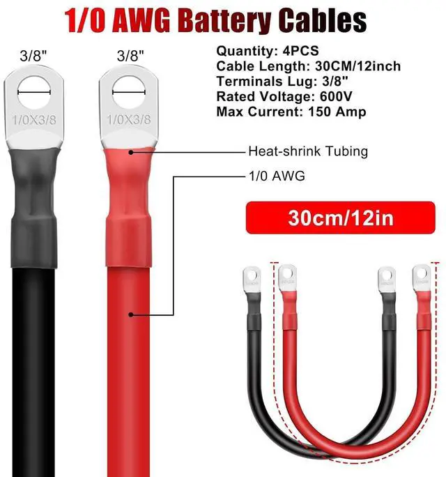 Alt view image 2 of 7 - 4PCS 1/0 AWG Battery Cable Kit 12 Inch, Heavy Duty High Current Pure Copper Inverter Cables with 3/8" Tinned Copper Lugs, for Inverter, Solar, Marine, RV