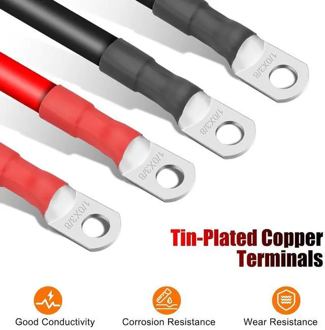 Alt view image 3 of 7 - 4PCS 1/0 AWG Battery Cable Kit 12 Inch, Heavy Duty High Current Pure Copper Inverter Cables with 3/8" Tinned Copper Lugs, for Inverter, Solar, Marine, RV