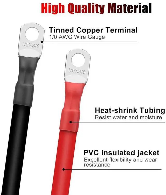 Alt view image 4 of 7 - 4PCS 1/0 AWG Battery Cable Kit 12 Inch, Heavy Duty High Current Pure Copper Inverter Cables with 3/8" Tinned Copper Lugs, for Inverter, Solar, Marine, RV