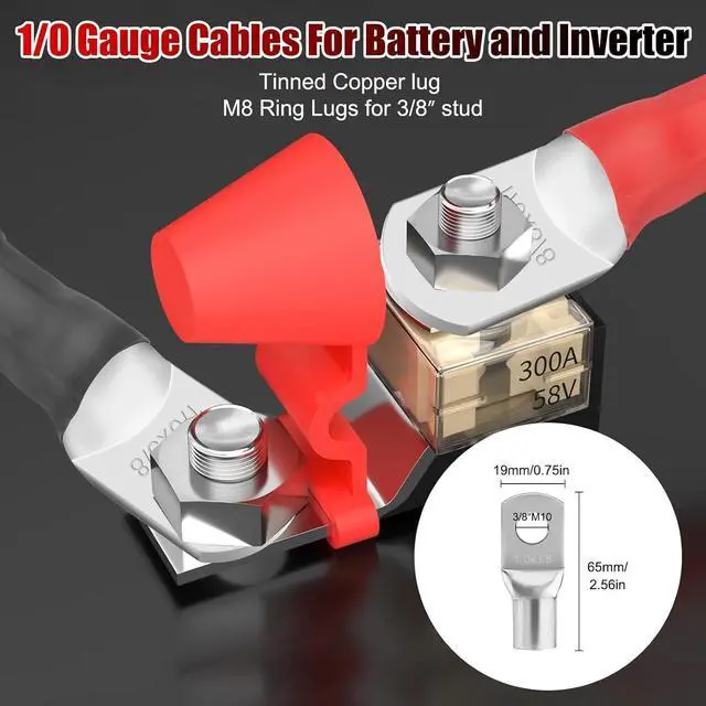 Alt view image 5 of 7 - 4PCS 1/0 AWG Battery Cable Kit 12 Inch, Heavy Duty High Current Pure Copper Inverter Cables with 3/8" Tinned Copper Lugs, for Inverter, Solar, Marine, RV