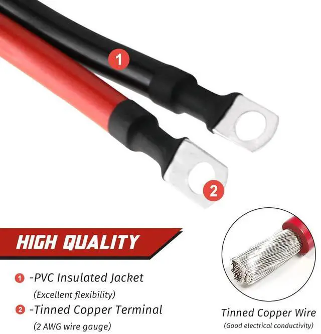 Alt view image 2 of 7 - 2 AWG Gauge Battery Cable Red Black Pure Copper Battery Cables Power Inverter Wire Set for Solar RV Car Boat Automotive Marine Motorcycle with 5/16 in Lugs (4FT)