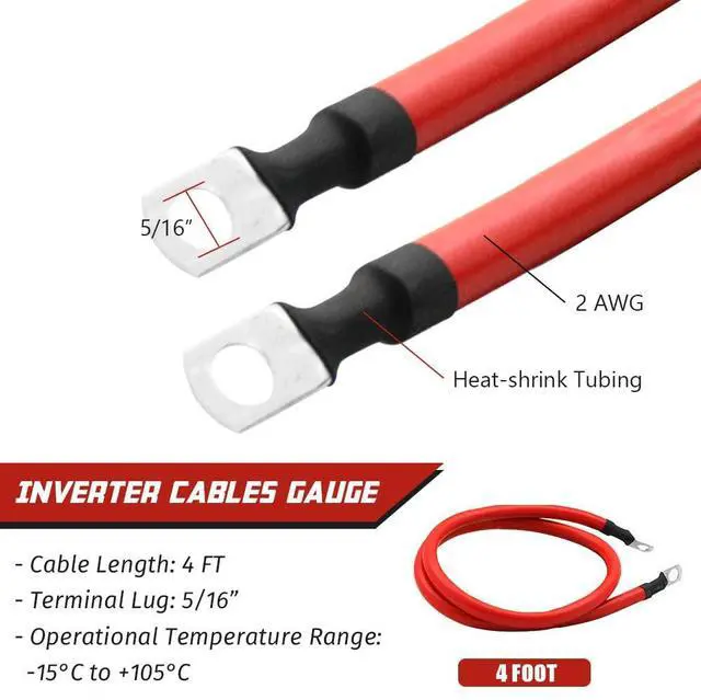 Alt view image 4 of 7 - 2 AWG Gauge Battery Cable Red Black Pure Copper Battery Cables Power Inverter Wire Set for Solar RV Car Boat Automotive Marine Motorcycle with 5/16 in Lugs (4FT)
