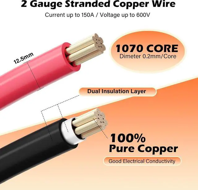 Alt view image 2 of 7 - 2 Gauge AWG Battery Cables 4 Ft Black+4 Ft Red, Pure Copper Power Inverter Wire Set with 3/8 in Lugs Both Ends,High Power Flexible&Durable for Automotive Solar Marine Boat RV Car Motorcycle-UL-Outdoor
