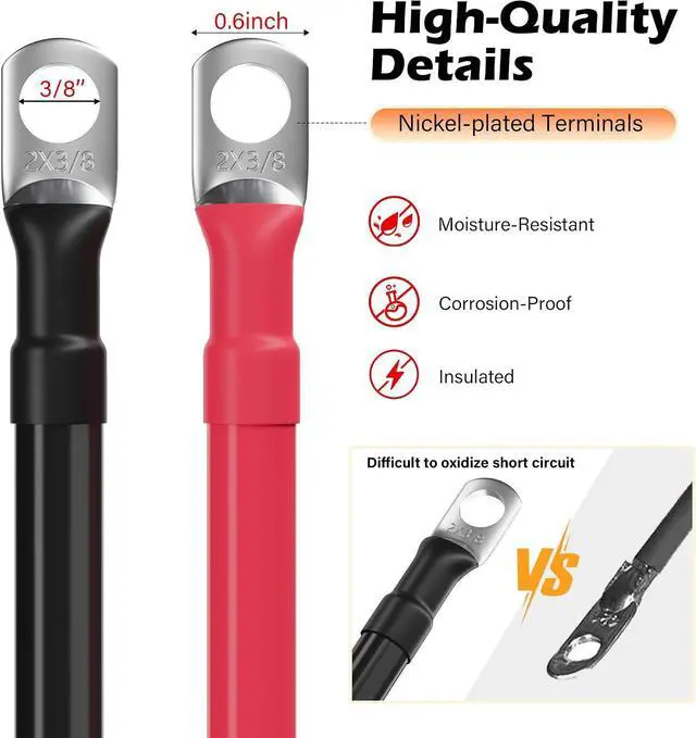 Alt view image 4 of 7 - 2 Gauge AWG Battery Cables 4 Ft Black+4 Ft Red, Pure Copper Power Inverter Wire Set with 3/8 in Lugs Both Ends,High Power Flexible&Durable for Automotive Solar Marine Boat RV Car Motorcycle-UL-Outdoor