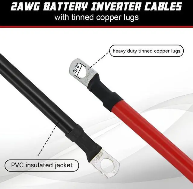 Alt view image 2 of 7 - 2 AWG Battery Cable 3FT 2 Gauge Pure Copper Battery Inverter Cables with 3/8 in Lugs Both Ends Power Inverter Wire Set for Automotive Solar Power Inverter Marine Boat RV Car Motorcycle (3FT)