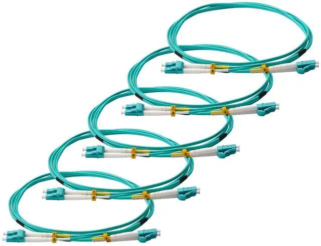 Main image of trueCABLE LC to LC OM3 Fiber Patch Cable, 3m (9.84ft), UPC Polish, 10GB Multimode (MM) Duplex 50/125um, Riser Rated (OFNR), UL Listed, 5 Pack, Aqua