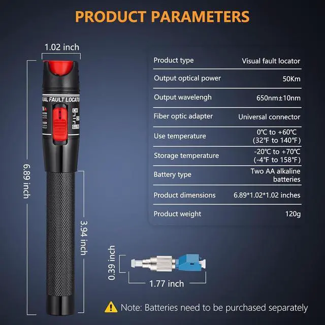 Alt view image 2 of 7 - Visual Fault Locator 50KM - VFL Fiber Optic Tester Kit with Universal 2.5mm Connector, Includes FC to LC Adapter, Compatible Single Mode 9/125um & Multimode, Fiber Light & Laser for CATV Telecom