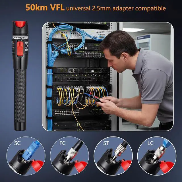 Alt view image 5 of 7 - Visual Fault Locator 50KM - VFL Fiber Optic Tester Kit with Universal 2.5mm Connector, Includes FC to LC Adapter, Compatible Single Mode 9/125um & Multimode, Fiber Light & Laser for CATV Telecom