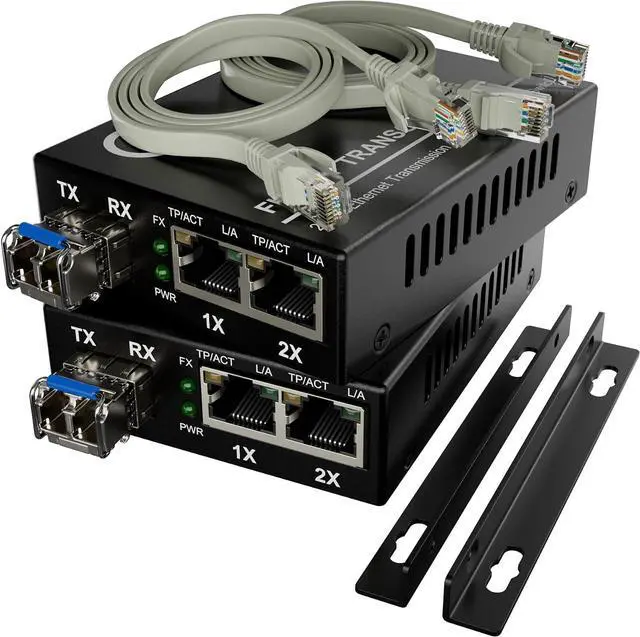 Main image of Dual RJ45 Ports Pair of Fiber Media Converters, Gigabit Ethernet, SM LC 1310nm SFP Included 10/100/1000Base-Tx to 1000Base-LX Single Mode Fiber, Up to 20km (12.4 mi)