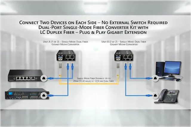 Alt view image 6 of 7 - Dual RJ45 Ports Pair of Fiber Media Converters, Gigabit Ethernet, SM LC 1310nm SFP Included 10/100/1000Base-Tx to 1000Base-LX Single Mode Fiber, Up to 20km (12.4 mi)