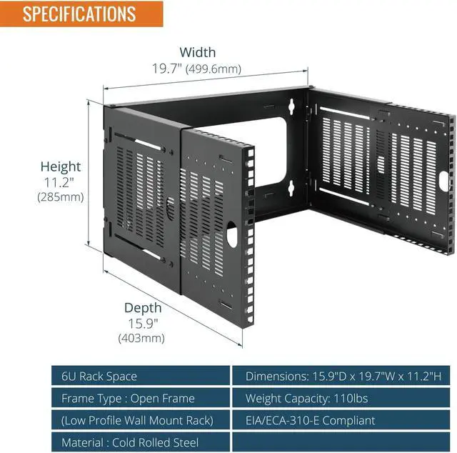 Alt view image 2 of 7 - 6U Wall Mount Network Rack, 19" Open Frame Patch Panel Bracket with Adjustable Depth 9.7-15.9 in, Fits Shallow IT Equipments, 110 lbs Capacity, EIA-310 Compliant