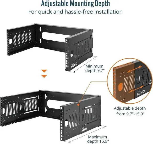 Alt view image 4 of 7 - 6U Wall Mount Network Rack, 19" Open Frame Patch Panel Bracket with Adjustable Depth 9.7-15.9 in, Fits Shallow IT Equipments, 110 lbs Capacity, EIA-310 Compliant