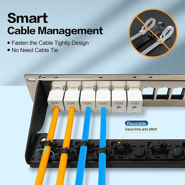 Alt view image 3 of 7 - 24 Port Patch Panel Cat6 Keystone Jack 90° Angled Ethernet Punch Down for Rackmount 1U 19inch Network Patch Panel with Cable Support Bar