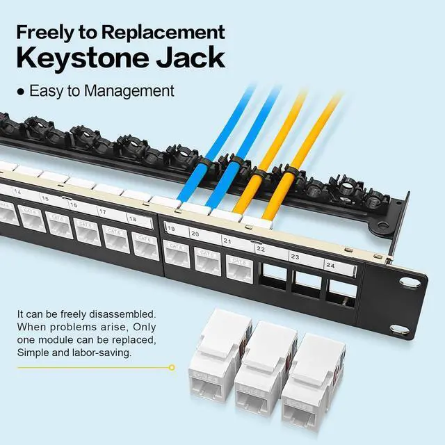 Alt view image 4 of 7 - 24 Port Patch Panel Cat6 Keystone Jack 90° Angled Ethernet Punch Down for Rackmount 1U 19inch Network Patch Panel with Cable Support Bar
