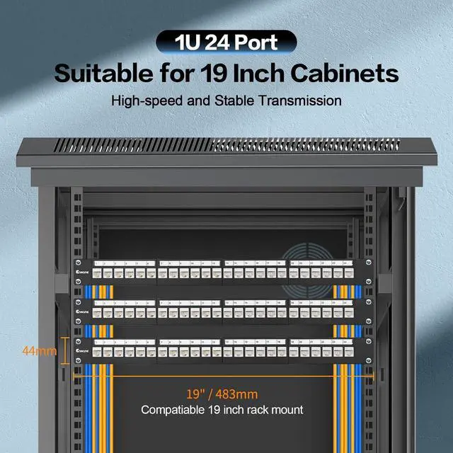 Alt view image 6 of 7 - 24 Port Patch Panel Cat6 Keystone Jack 90° Angled Ethernet Punch Down for Rackmount 1U 19inch Network Patch Panel with Cable Support Bar