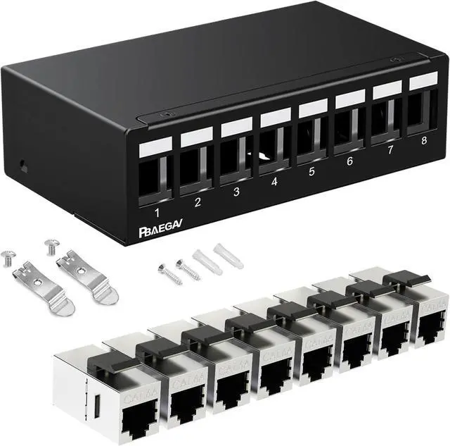 Main image of Patch Panel 8 Port with 8pcs Cat6A Keystone JackEC Listed Shielded No Rust and Durable (1U 8Port Cat6A Keystone Jack Shielded)