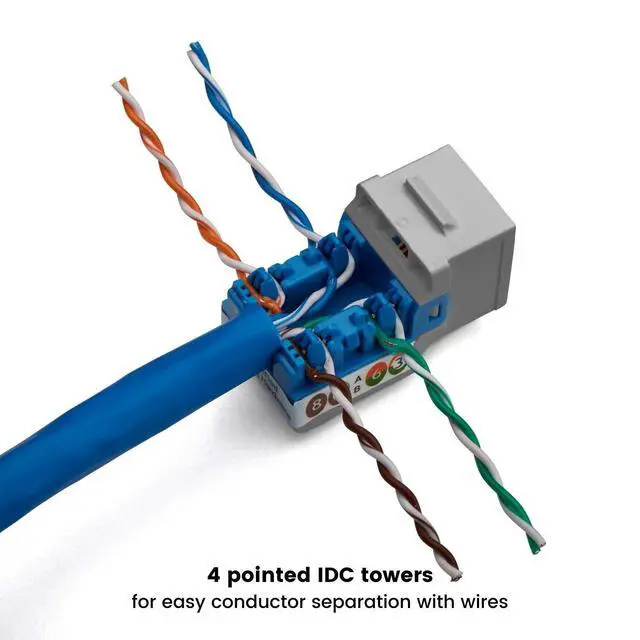 Alt view image 4 of 7 - Cat6A Unshielded (UTP) Keystone Jack, 90-Degree Punch-Down RJ45 Female Module, PoE++ 4PPoE, UL Listed & TIA Certified, Gray, 12 Pack