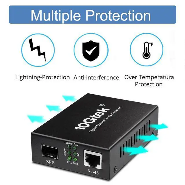 Alt view image 5 of 7 - A Pair of Gigabit Multi-Mode LC Fiber Media Converter, with 2 Pcs SFP SX Modules, Fiber to Ethernet Converter, 1000Base-SX to 10/100/1000M RJ45, MMF, 850nm, up to 550m
