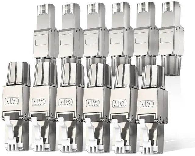 Main image of 12-Pack Cat7 Cat6A RJ45 Connector, Tool-Free Zinc Alloy Shielded Ethernet Termination Plugs for Cat7 up to 23AWG Solid Bulk S/FTP Ethernet Cable