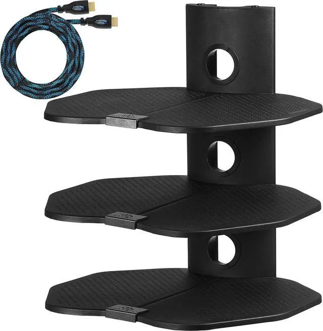 Main image of TV Wall Mount 3 Shelf Bracket, with 15ft HDMI Cable, Three 18x16-Inch Black Components Shelves Under TV for Cable Box, Blu Ray Player, Stereo AV, AS3B