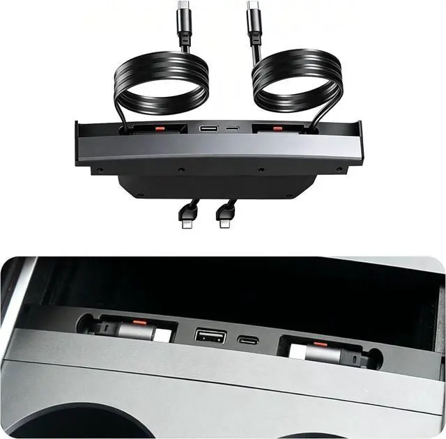 Main image of USB Hub for Tesla Model Y/3 Center Console Charger Hub 4Port with Retractable Dual 2.6ft 27W Type-C Fast Charging Cable and USB-A & USB-C Port Accessories for 2021-2024Model Y/2021-2023Model 3