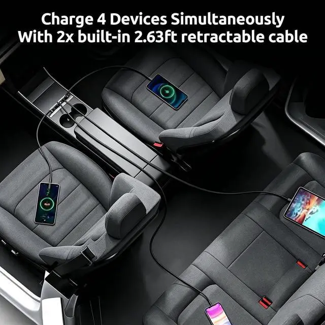 Alt view image 5 of 7 - USB Hub for Tesla Model Y/3 Center Console Charger Hub 4Port with Retractable Dual 2.6ft 27W Type-C Fast Charging Cable and USB-A & USB-C Port Accessories for 2021-2024Model Y/2021-2023Model 3