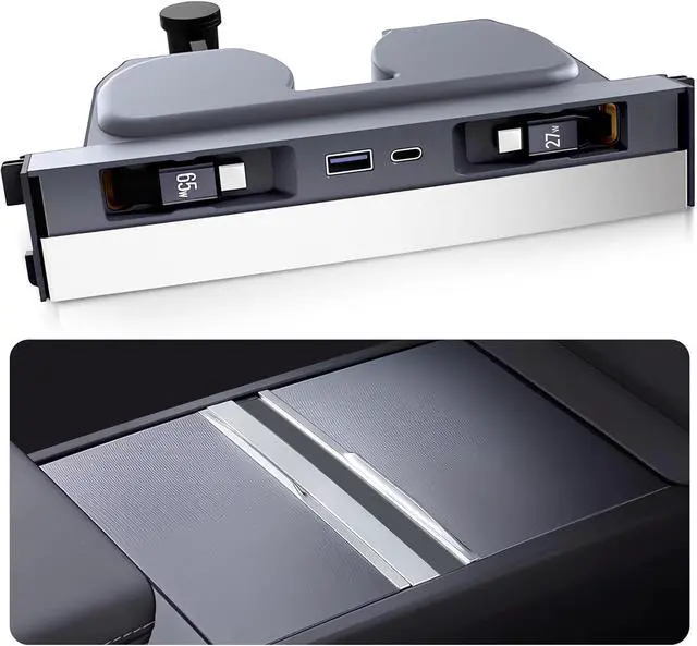 Main image of USB Hub for Tesla Model Y Juniper Model 3 Highland Model Y L | Fits 2025-2026 Juniper 2024-2025 Highland Y L, 119W Fast Charging, Dual Retractable Type-C Cables, Sliding Cover Console Dock