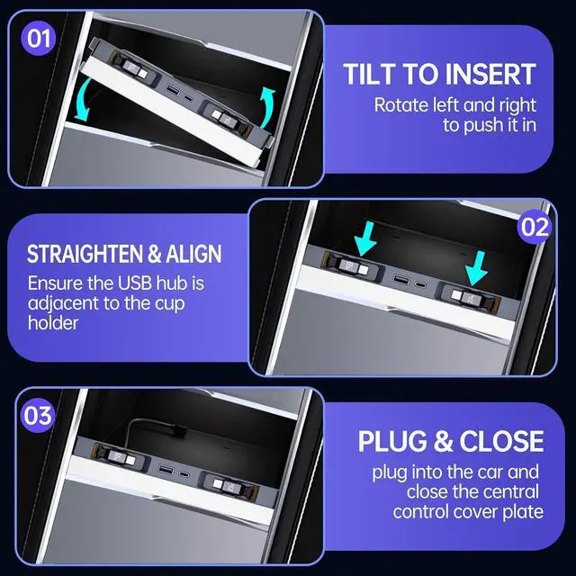 Alt view image 4 of 7 - USB Hub for Tesla Model Y Juniper Model 3 Highland Model Y L | Fits 2025-2026 Juniper 2024-2025 Highland Y L, 119W Fast Charging, Dual Retractable Type-C Cables, Sliding Cover Console Dock