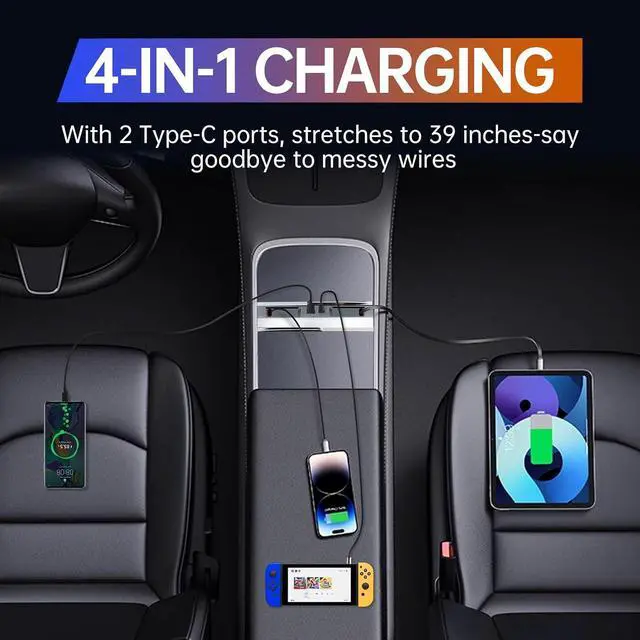 Alt view image 5 of 7 - USB Hub for Tesla Model Y Juniper Model 3 Highland Model Y L | Fits 2025-2026 Juniper 2024-2025 Highland Y L, 119W Fast Charging, Dual Retractable Type-C Cables, Sliding Cover Console Dock