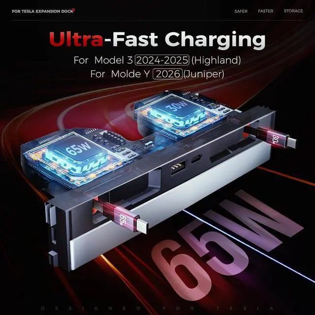 Alt view image 2 of 7 - Upgrade 65W USB Charger Hub for Tesla Model 3 Highland 2024-2025 & New Model Y Juniper 2026 Accessories 4-Port Retractable Phone Charger 2 Type-C Fast Charging Cables USB Hub Center Console