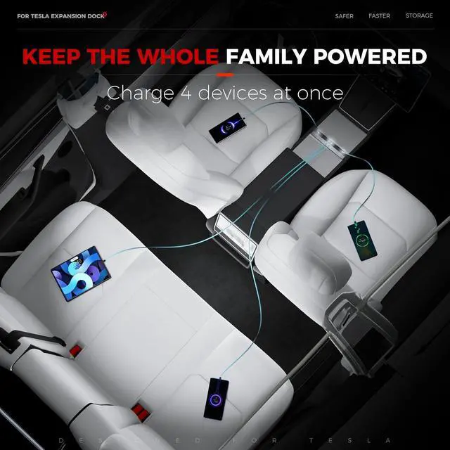 Alt view image 7 of 7 - Upgrade 65W USB Charger Hub for Tesla Model 3 Highland 2024-2025 & New Model Y Juniper 2026 Accessories 4-Port Retractable Phone Charger 2 Type-C Fast Charging Cables USB Hub Center Console