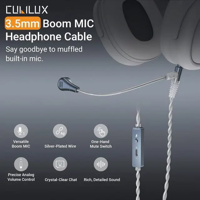 Alt view image 2 of 7 - 3.5mm Headphone Cable with Boom Mic, Mute Switch, Volume Control, Silver-Plated AUX Replacement Cord for Voice Chat, Calls, Game Consoles, WH1000-XM6/5/4, Studio Pro, Solo, More, 4 FT